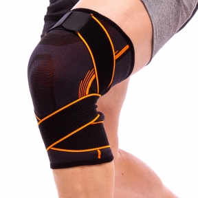 Наколенник эластичный с фиксирующим ремнем и спиральными ребрами жесткости (1шт) EXCEEDE 719CA (р-р S-L, черный-желтый)